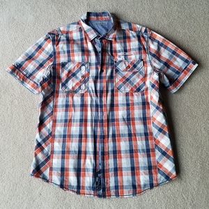Men's Blue & Orange Plaid Short-Sleeve Button-Down Shirt from Paris